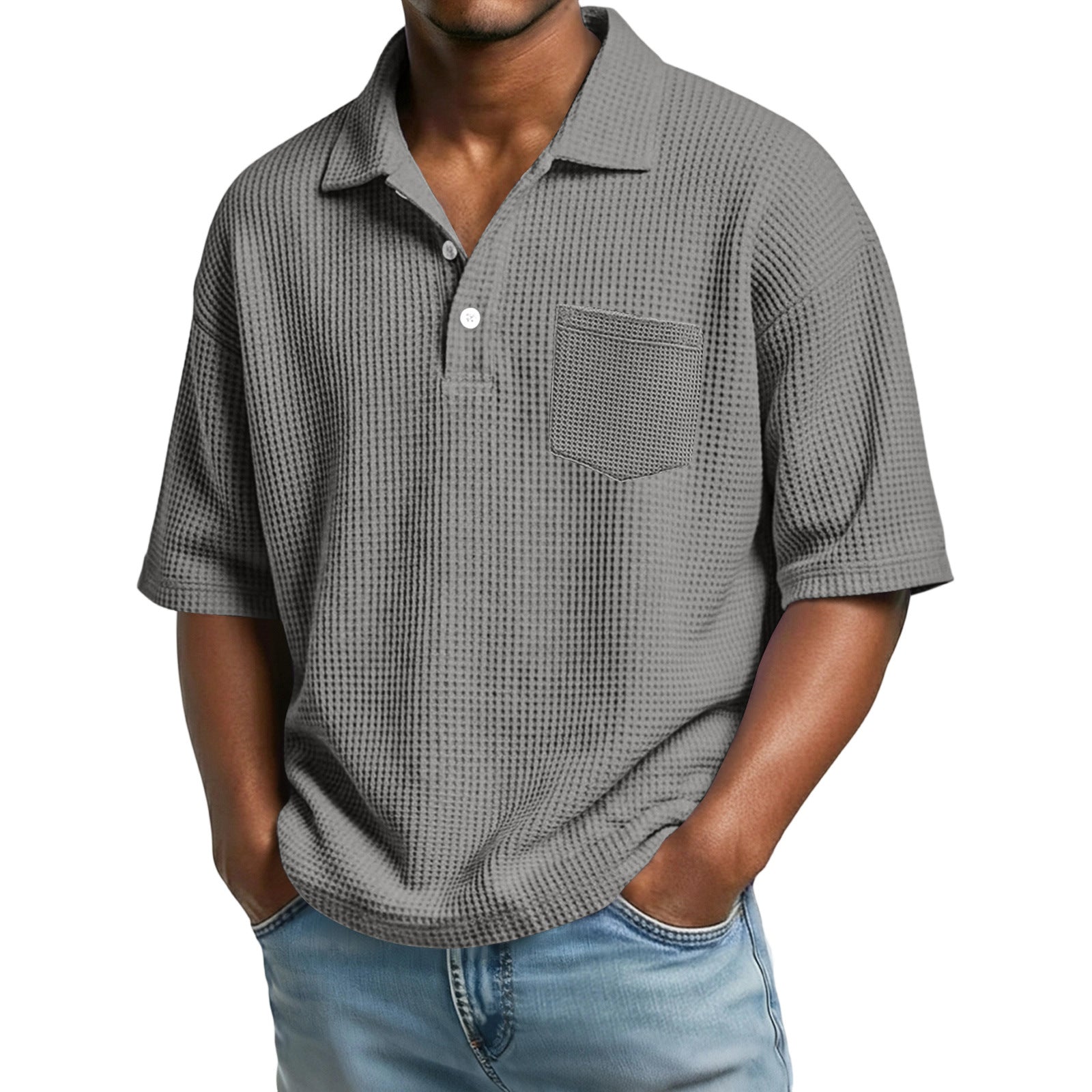 Man wearing a gray checkered polo shirt with a pocket on a white background