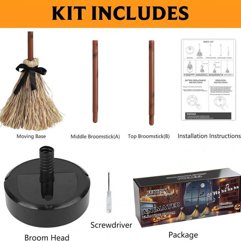 A product kit layout showing included components: a broom with a black ribbon, two wooden broomsticks, an instruction sheet, a black round base, a small screwdriver, and the retail package. The top banner reads 'KIT INCLUDES' on a white background.