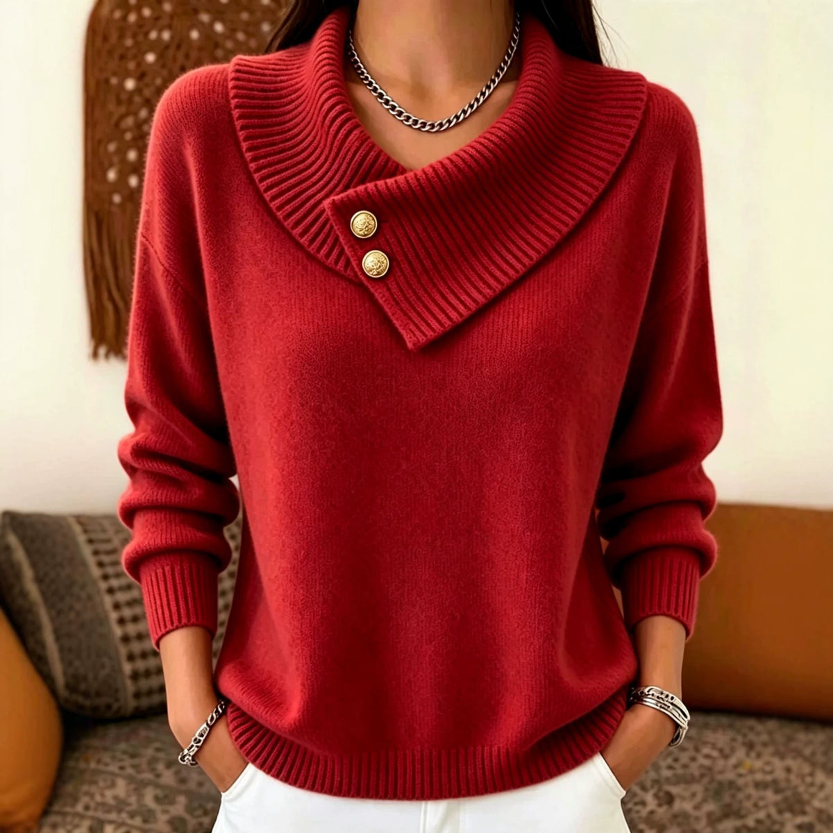 A woman wearing a red knit sweater with a wide asymmetrical collar and two gold buttons, paired with white pants and silver jewelry, in an indoor setting.