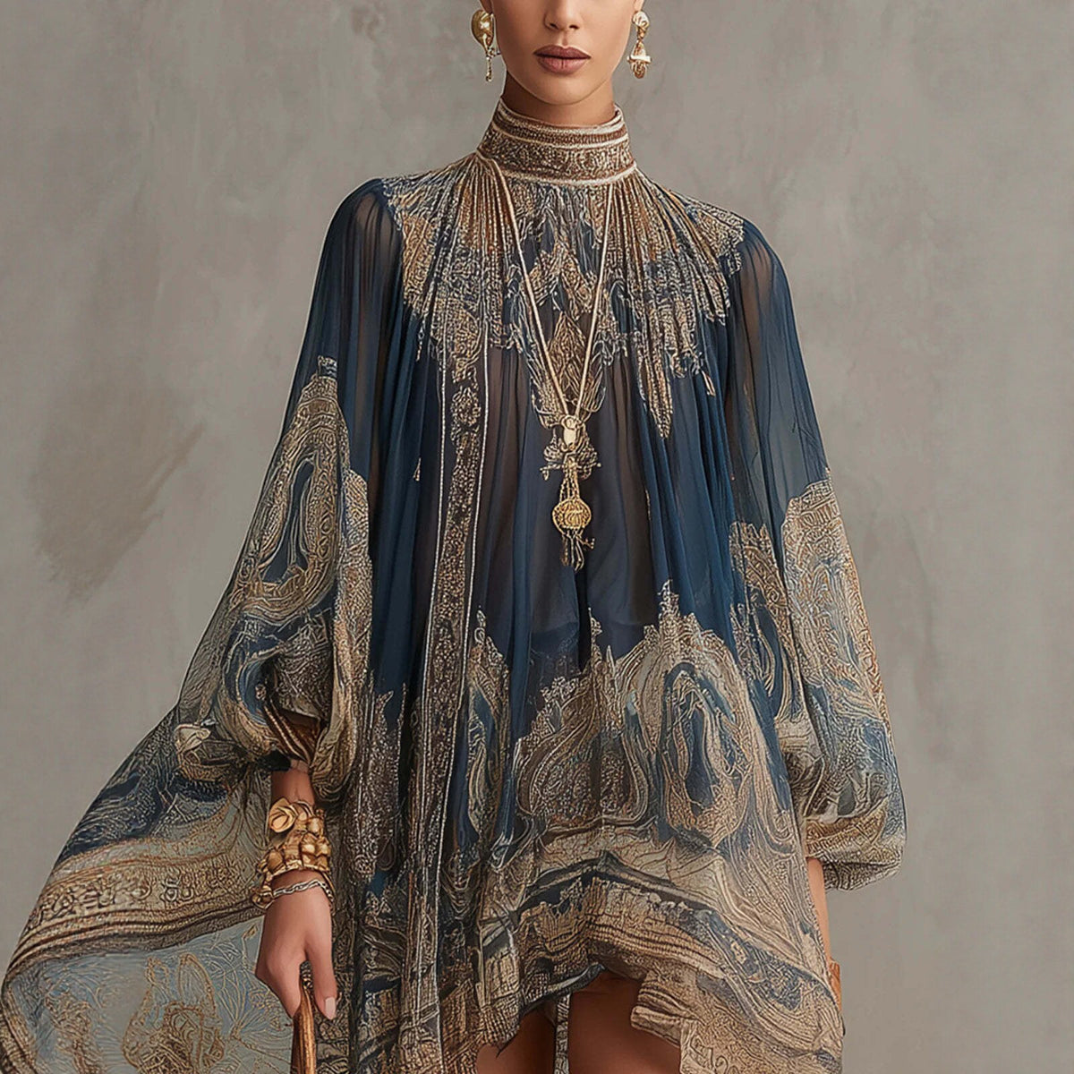 Woman wearing a luxurious, patterned garment with intricate designs against a neutral background