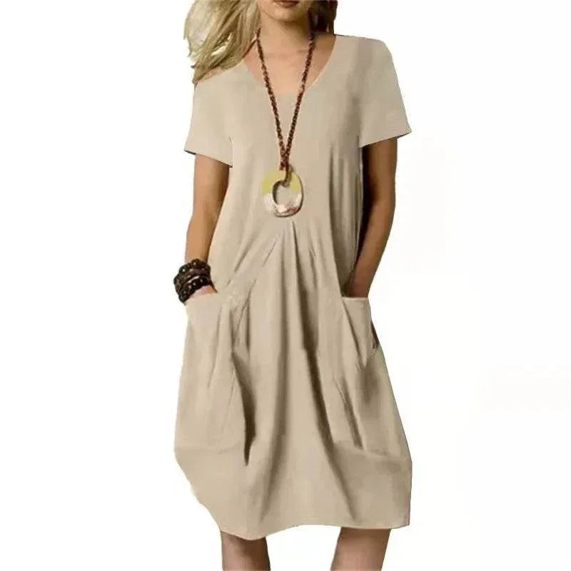Loose Cotton Linen Round Neck Swing Dress - ZA-Zola