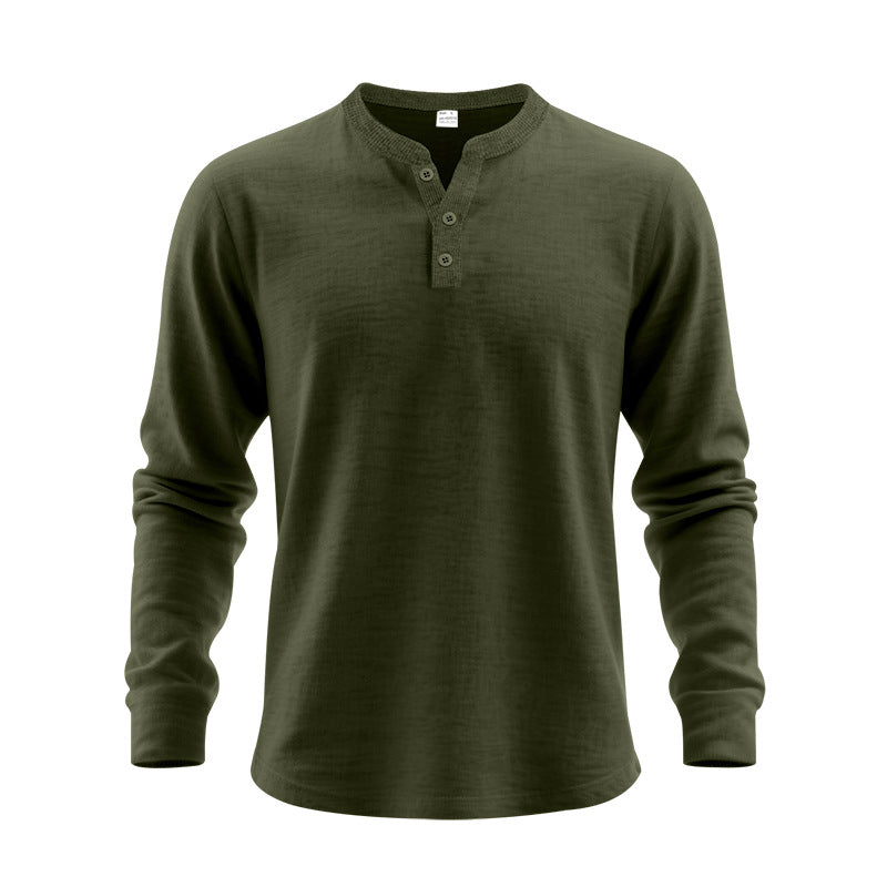 Green long-sleeve henley shirt on a white background