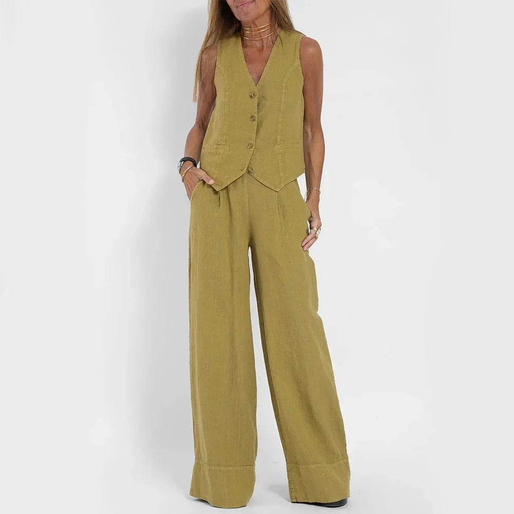Woman wearing stylish mustard yellow vest and wide-leg pants set from ZA-Zola fashion