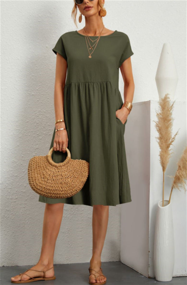 Summer Short Sleeve Round Neck A-Line Dress With Pockets Women Solid Casual Cotton Summer Dress