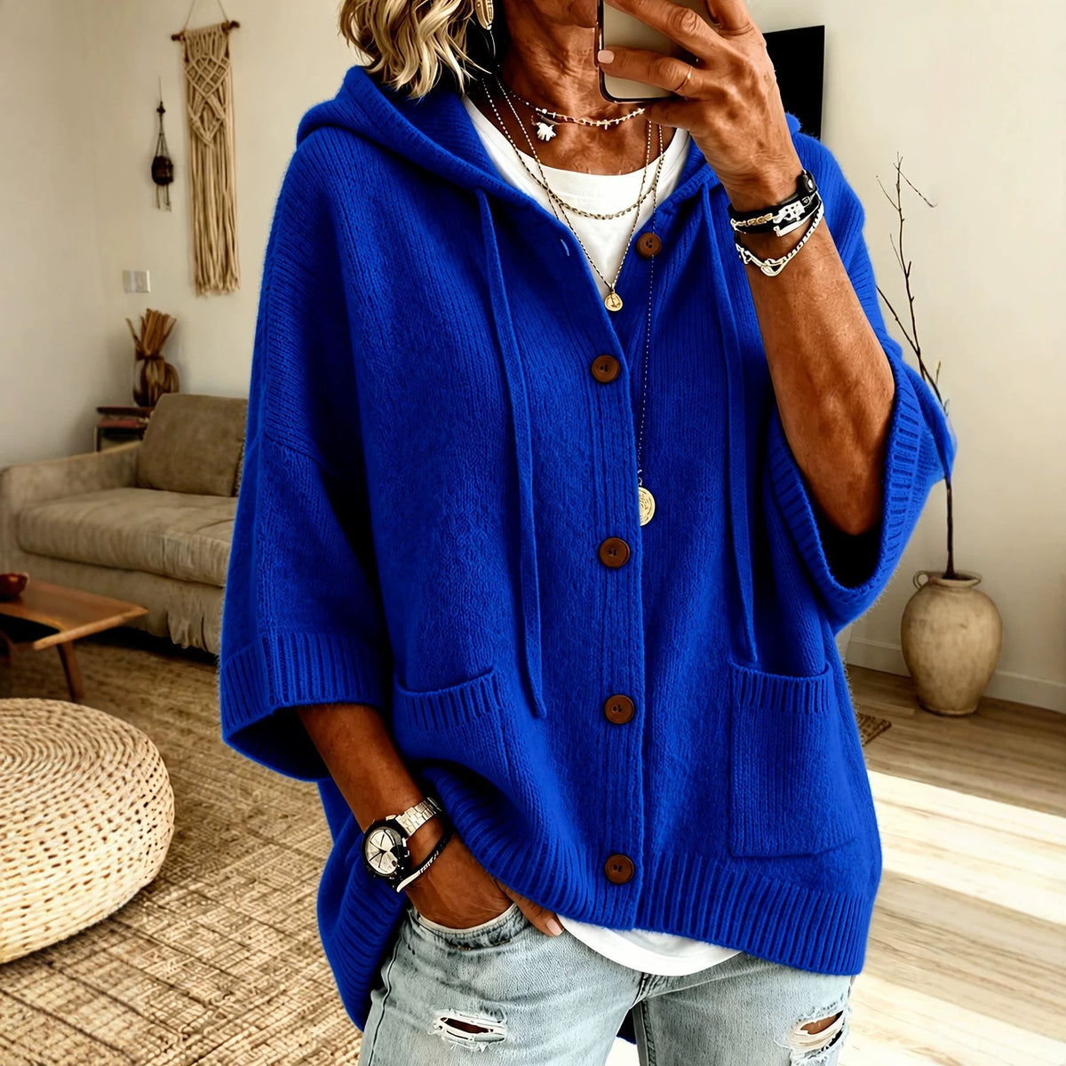 Women’s Knitted Hooded Coat | Button Cardigan Jacket