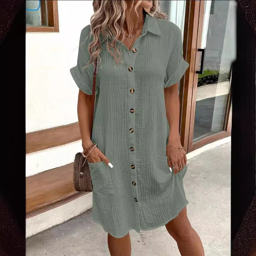 Summer Short Sleeve Shirt Dress Women Solid Color Mid-Length Loose Fit Dress
