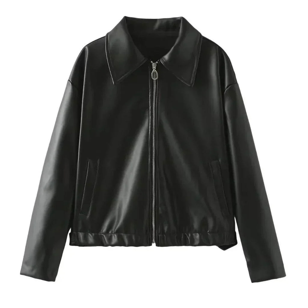 Shop Solid Color Lapel Zipper Jacket for Women | Casual Leather Coat - ZA-Zola