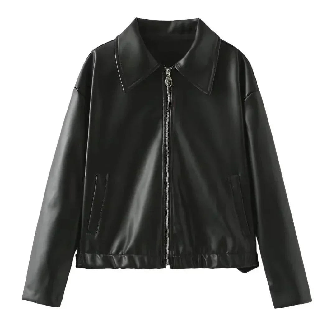 Shop Solid Color Lapel Zipper Jacket for Women | Casual Leather Coat - ZA-Zola