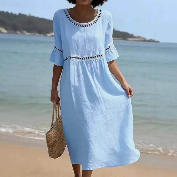 Elegant Casual Crew Neck Three Quarter Sleeve Solid Color Dress for Women
