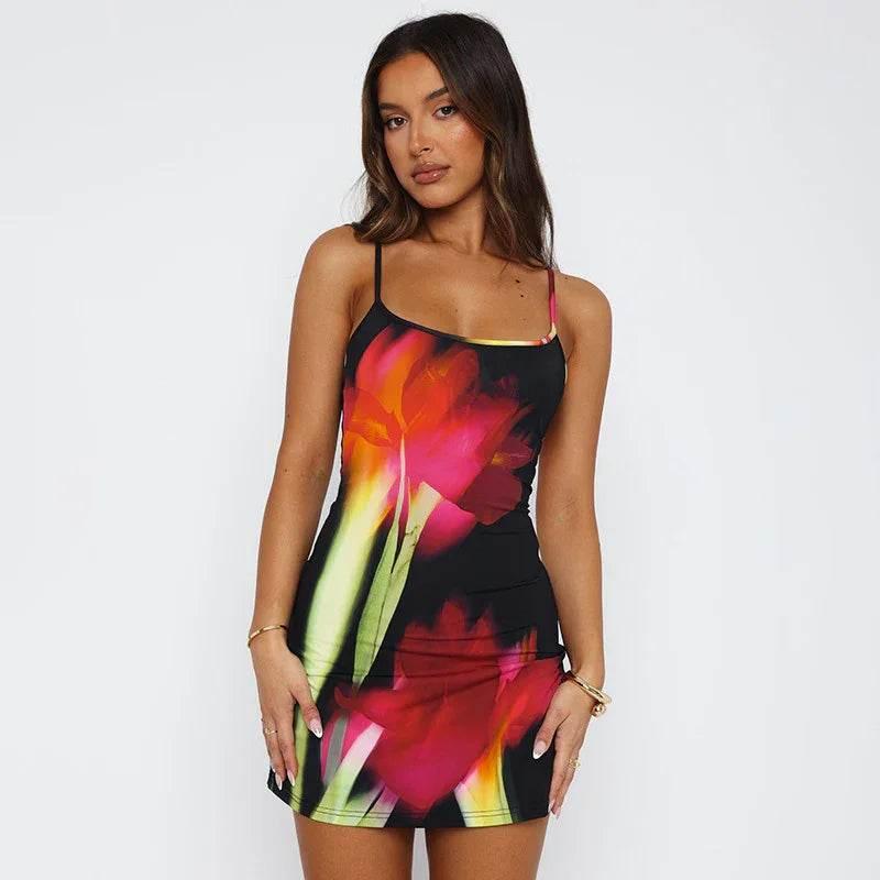 Summer Flowers Printed Sling Dress - Slim Fit Short Dress - ZA-Zola