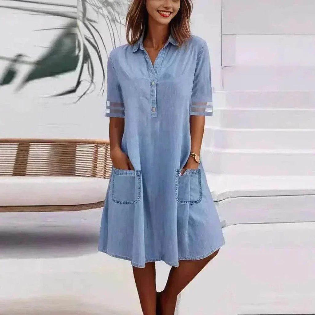 Denim Mesh Patchwork Dress – Chic & Casual Style - ZA-Zola