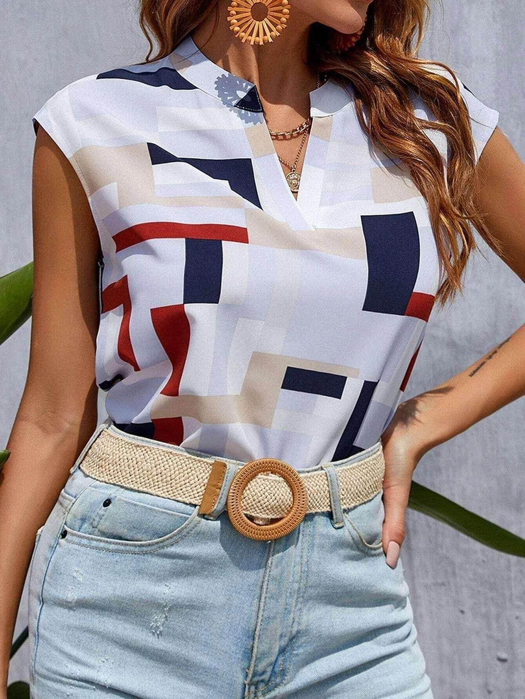 Digital Print V-Neck Doll Sleeve Top for Women - ZA-Zola