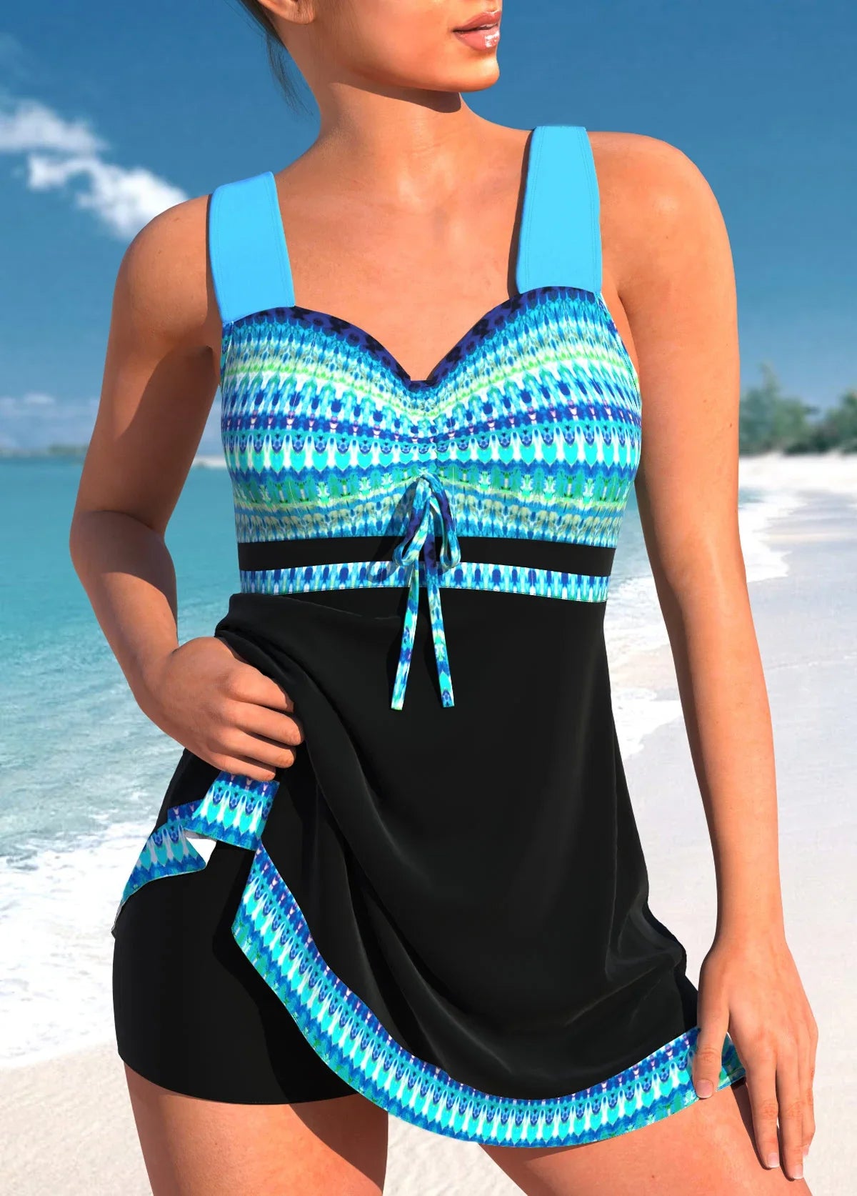 Woman wearing a blue and black patterned swimsuit on a beach