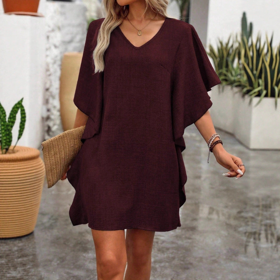 Solid Color Loose Fitting V-Neck Dress with Ruffled Hem – Flowing Mini Pullover Dress