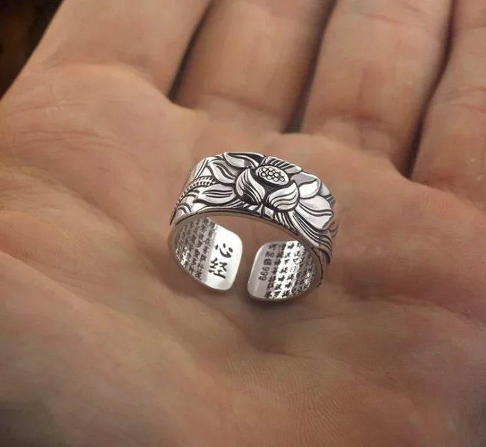 Thai Silver Black Lotus Heart Sutra Ring - ZA-Zola