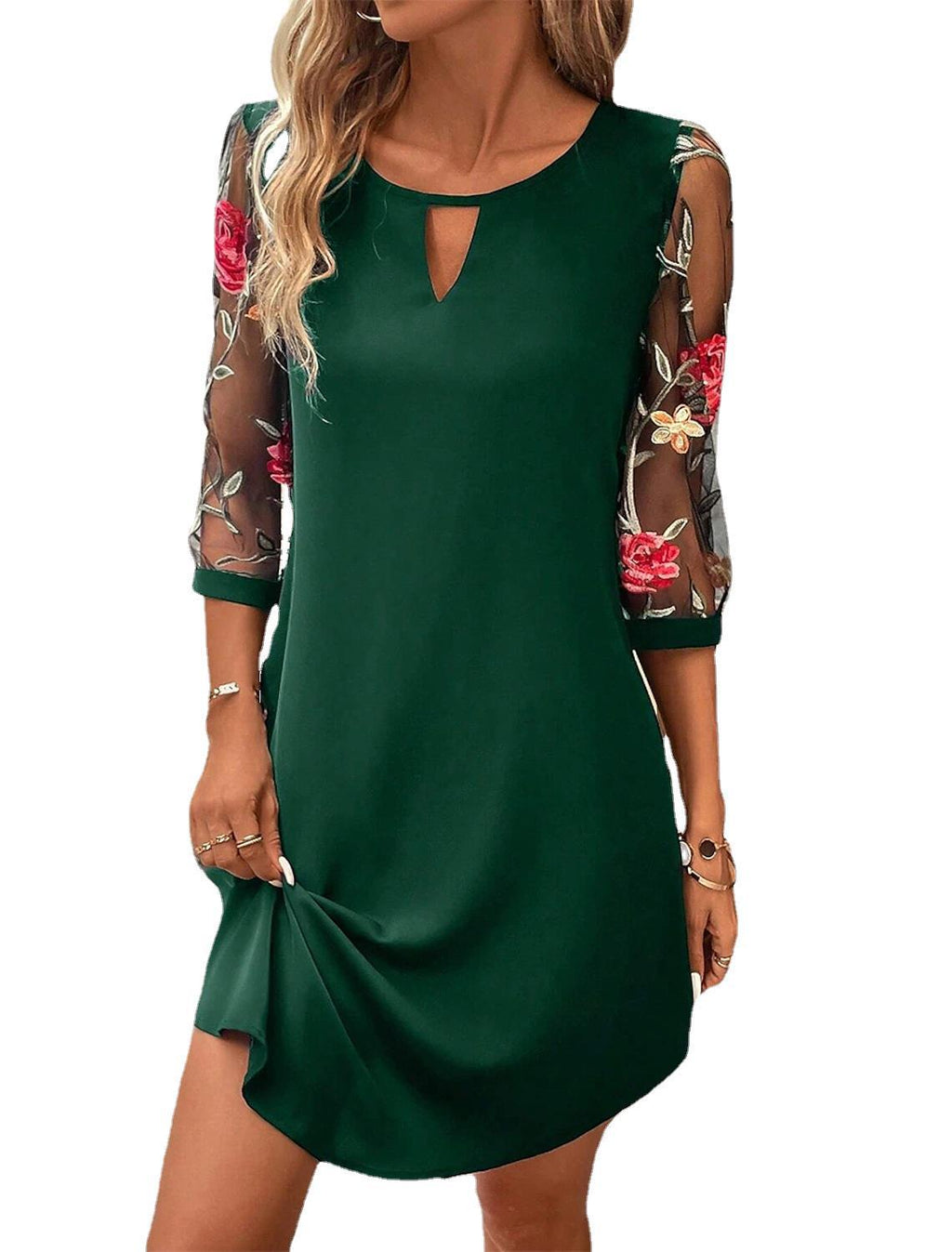 Round Neck Lace Three Quarter Sleeve Waist Tight Dress – A-Line Splicing Midi