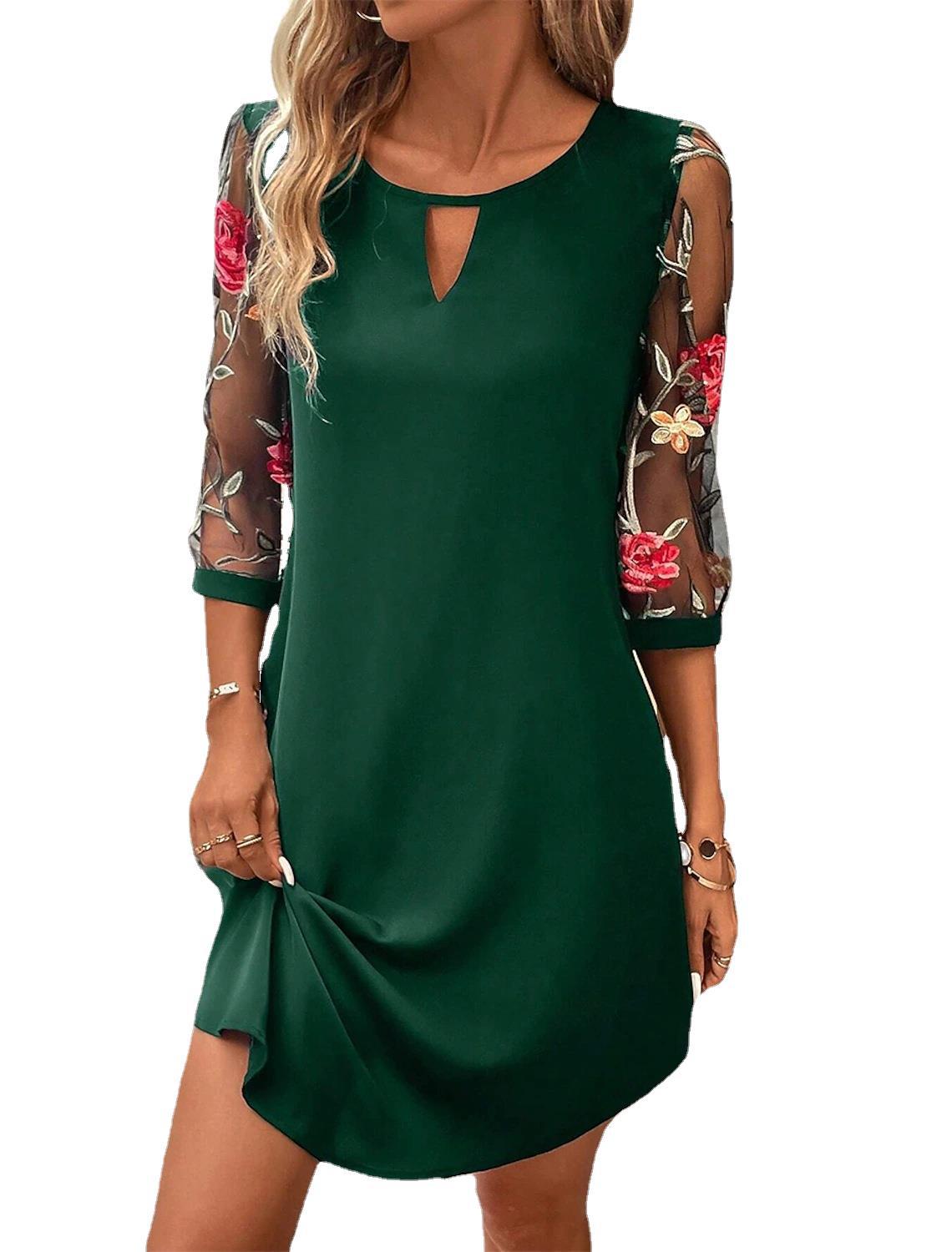 Round Neck Lace Three Quarter Sleeve Waist Tight Dress – A-Line Splicing Midi