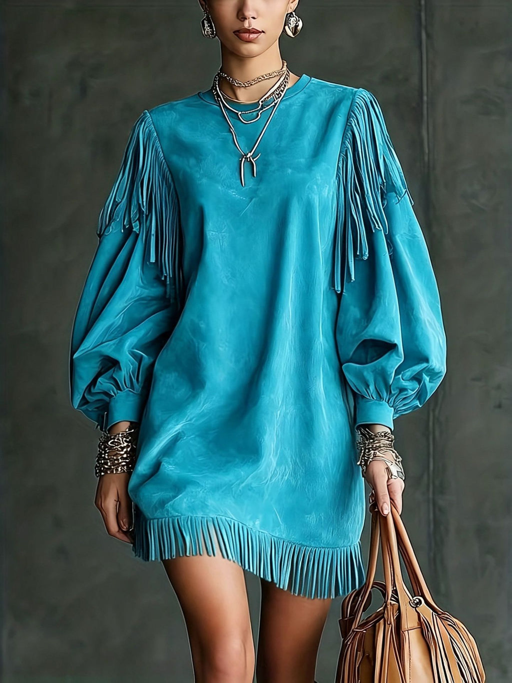 A model wears a vibrant turquoise blue fringe dress with voluminous balloon sleeves and a fringed hem, accessorized with layered necklaces, bracelets, and a tan leather handbag against a dark gray textured background.