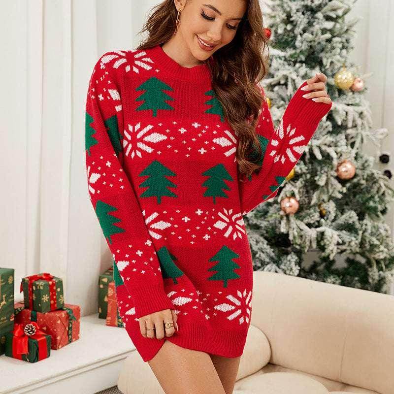 Christmas Red Jacquard Sweater Dress – Festive & Cozy - ZA-Zola