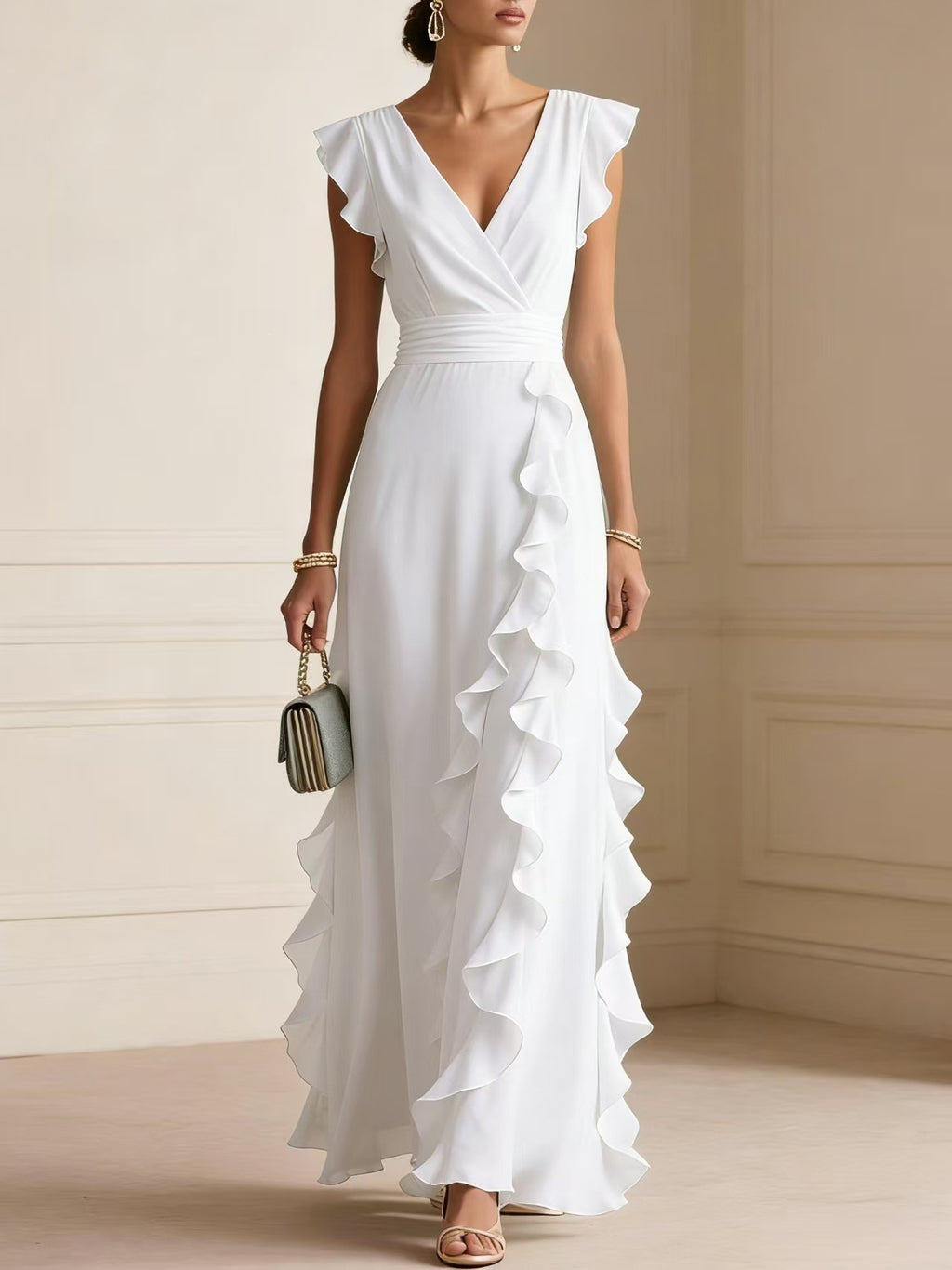 Woman wearing a white ruffled dress with a neutral background