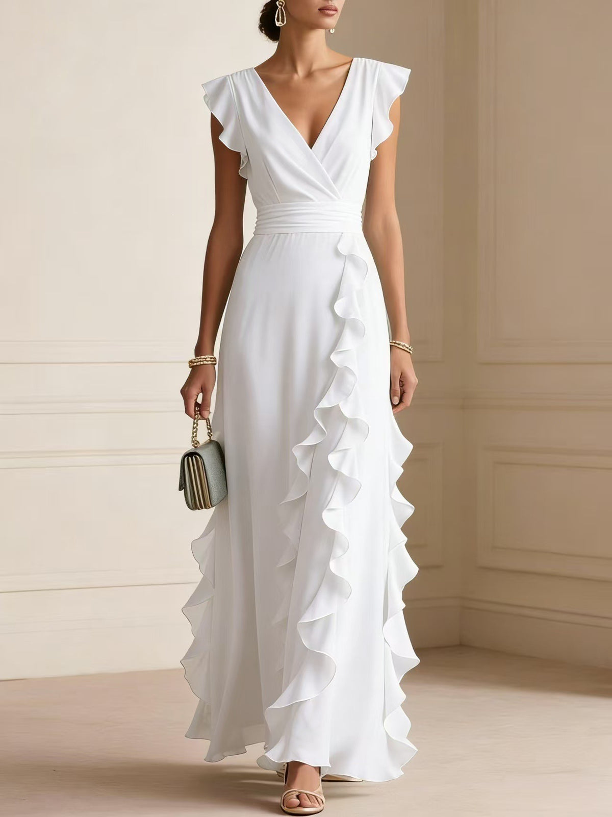 Woman wearing a white ruffled dress with a neutral background