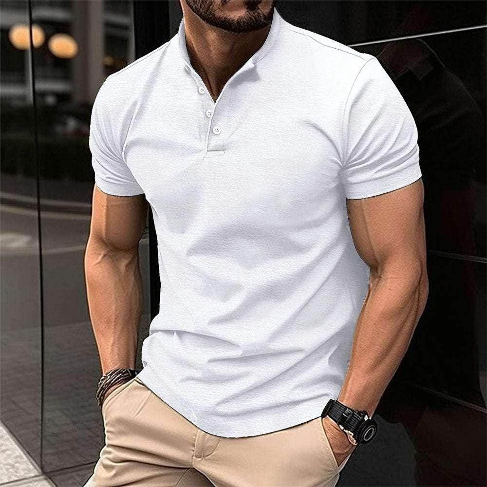 Man wearing a fitted white polo shirt and beige trousers, chic ZA-Zola street fashion style