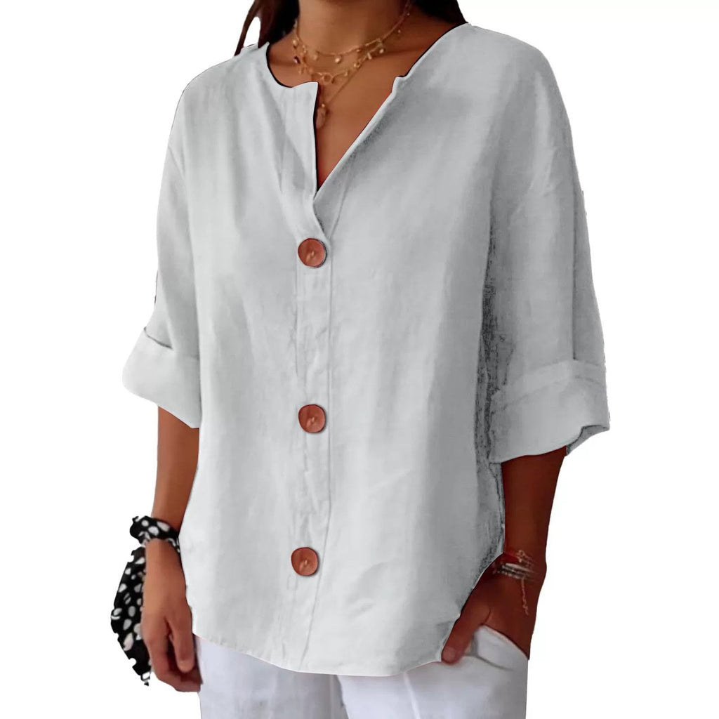 Loose Comfort V-Neck Cotton Linen Button Top