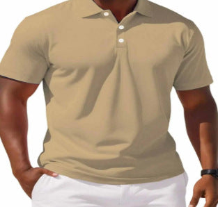 Beige polo shirt worn by a person on a white background