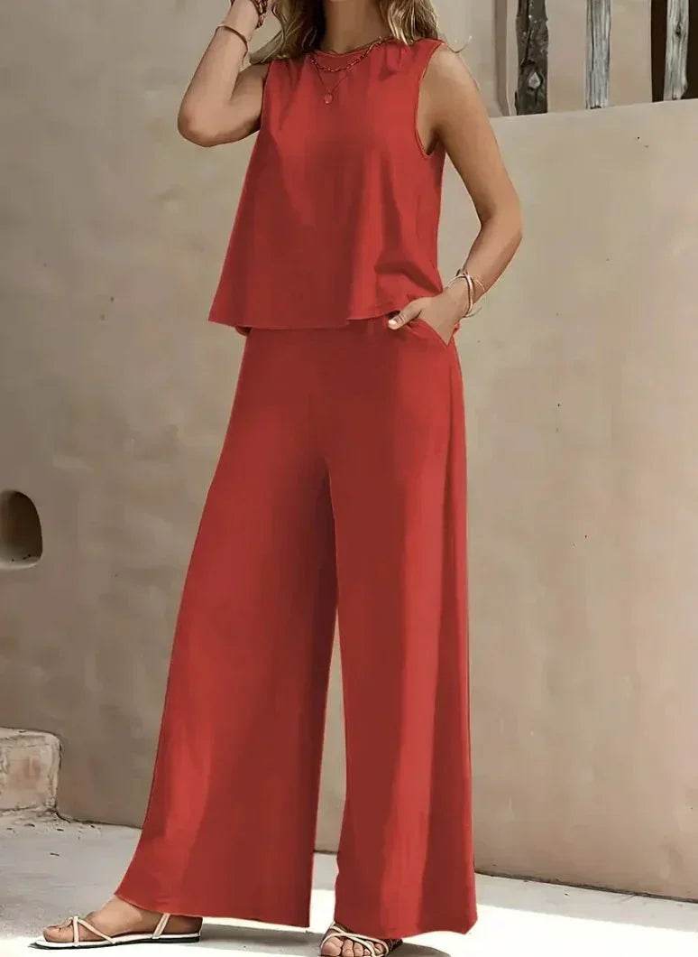 Woman wearing a red sleeveless wide-leg pants set, trendy ZA-Zola fashion apparel UK.