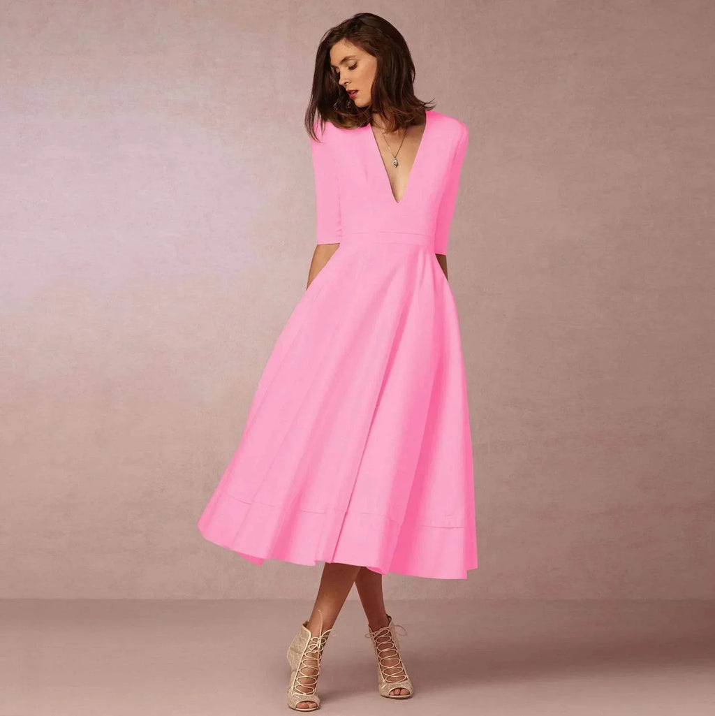 Retro 60s V-neck Swing Dress with Sleeves - ZA-Zola