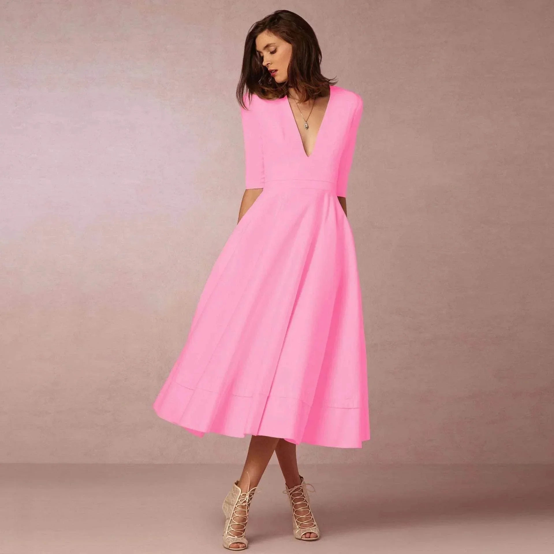 Retro 60s V-neck Swing Dress with Sleeves - ZA-Zola