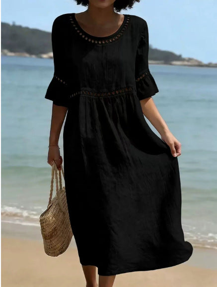 Elegant Casual Crew Neck Three Quarter Sleeve Solid Color Dress for Women