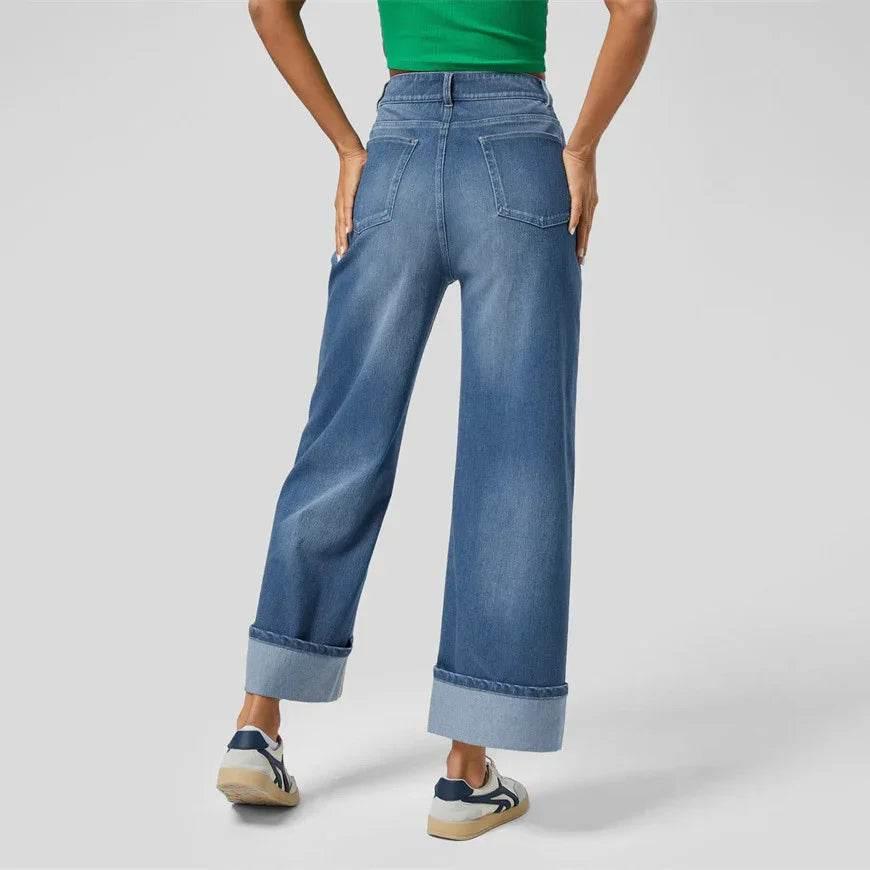 High-Waisted Straight Jeans with Cuffed Hem - ZA-Zola