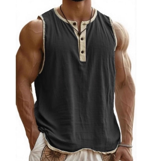 Black sleeveless shirt with beige trim worn by a muscular person on a white background