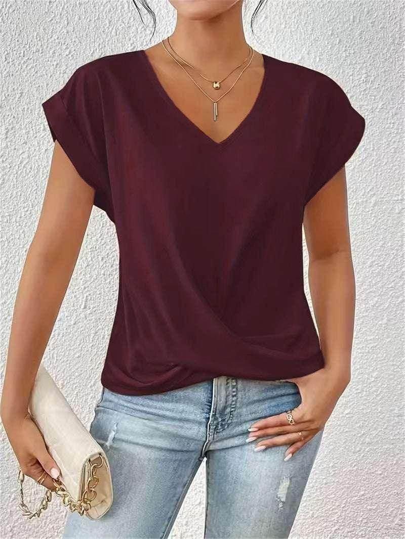 V-Neck Irregular Knot Summer T-Shirt for Women - ZA-Zola