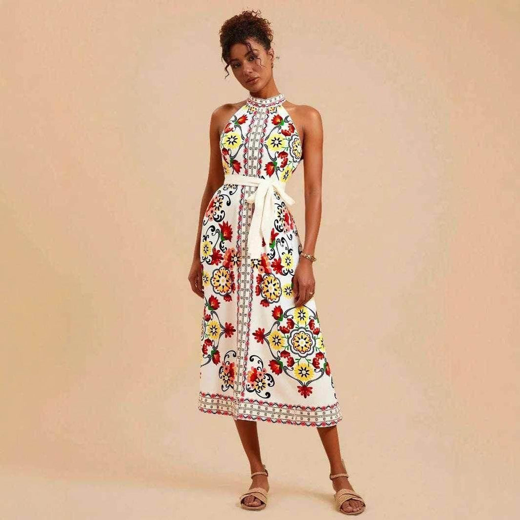 Floral Lace-Up Sleeveless Mid-Length Dress - ZA-Zola