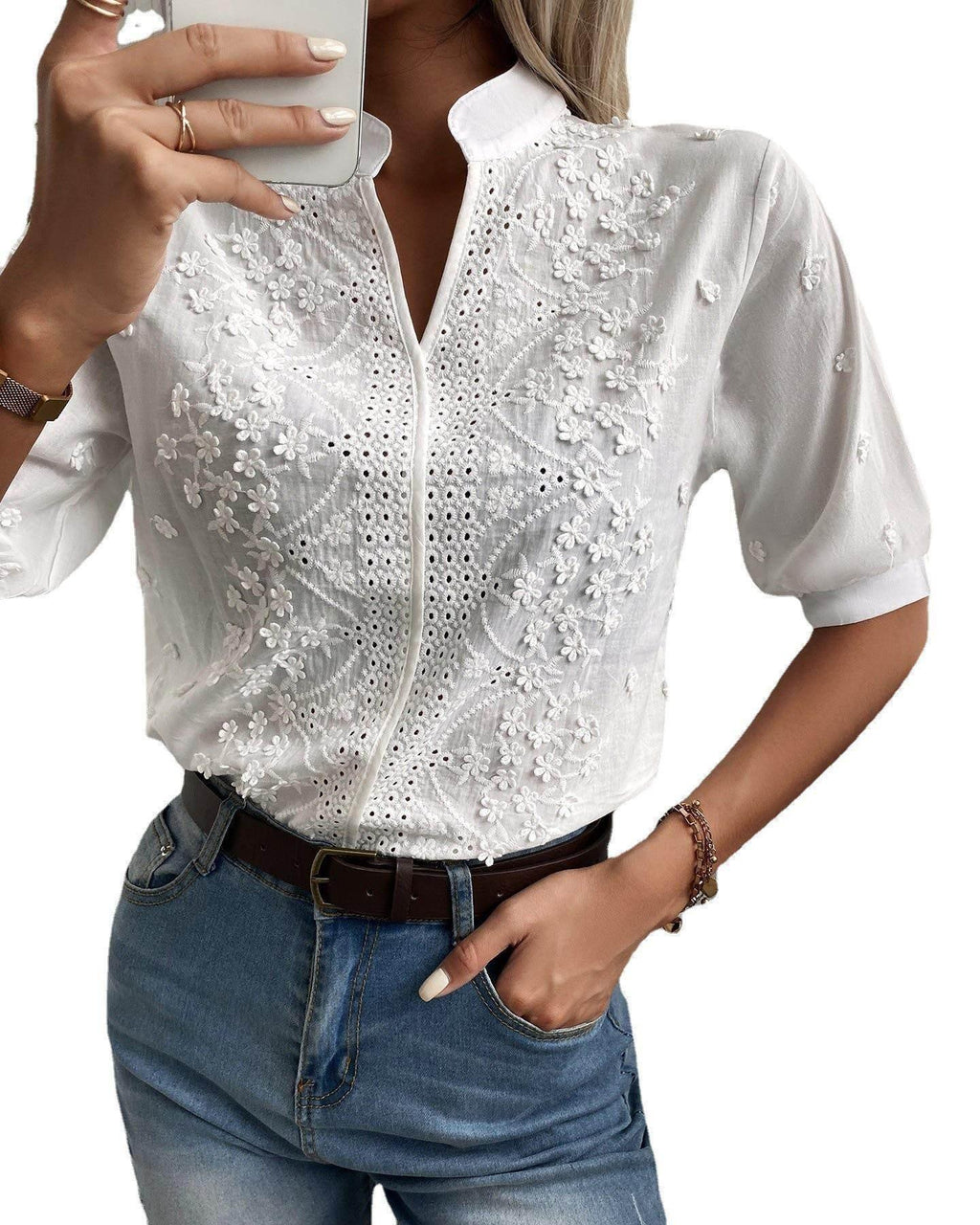 Lace V-Neck Stand Collar Embroidered Blouse - ZA-Zola