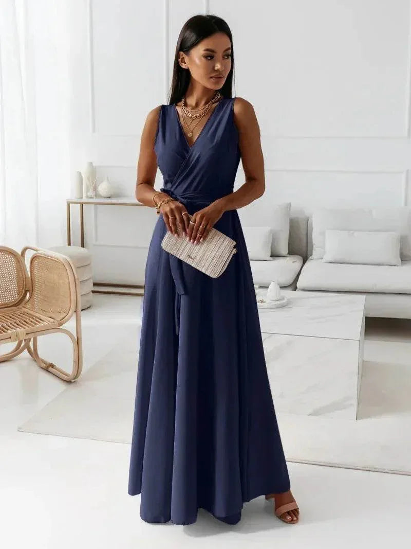Elegant V-Neck Solid Color Formal Dress – Chic & Classy - ZA-Zola