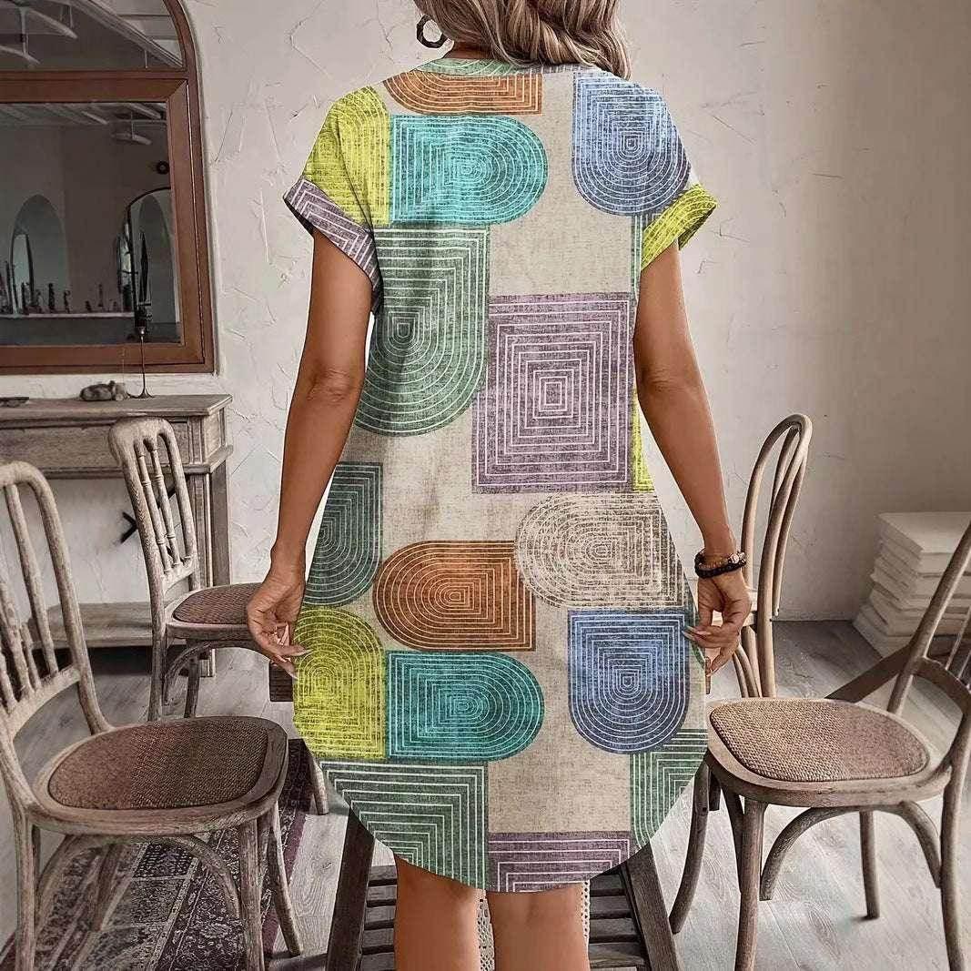 Elegant 3D Printed V-Neck Linen Button Dress - ZA-Zola