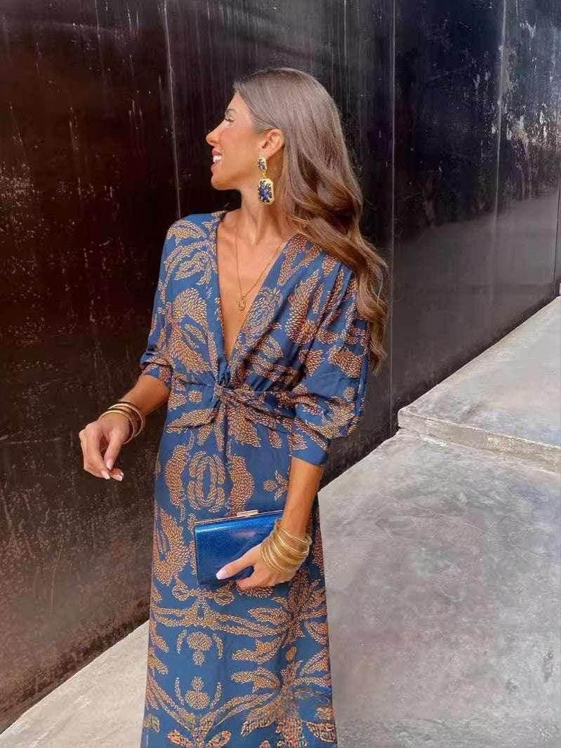 V-Neck Geometric Print Long Dress with Sleeves - ZA-Zola