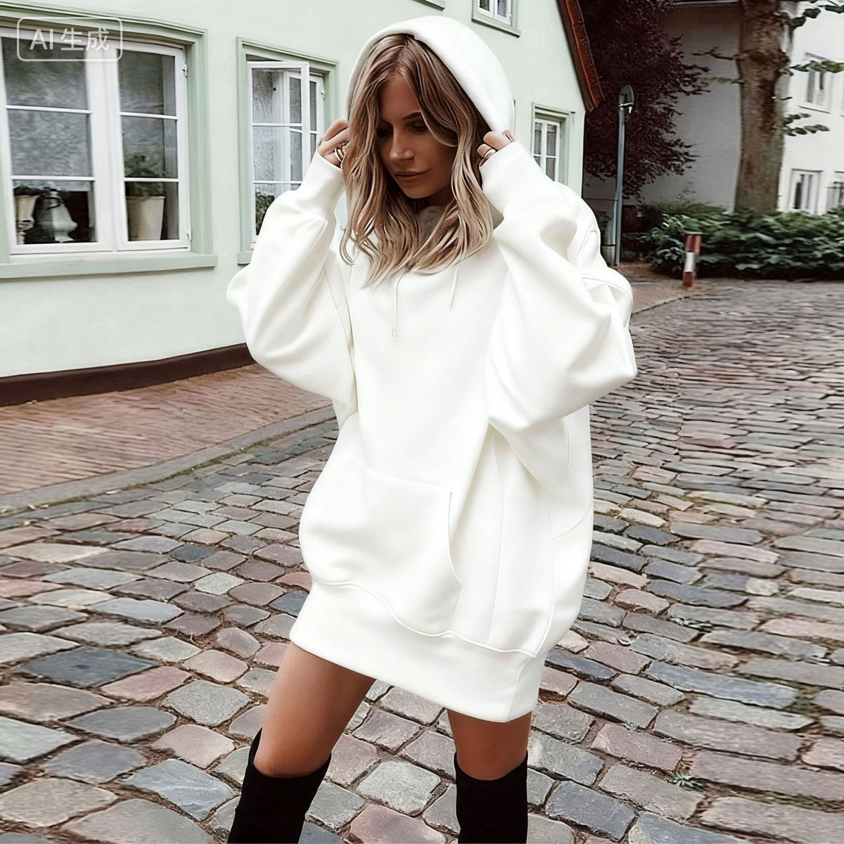 A woman wearing an oversized white hoodie dress with a matching white hood, standing on a cobblestone street in front of a light-colored building.