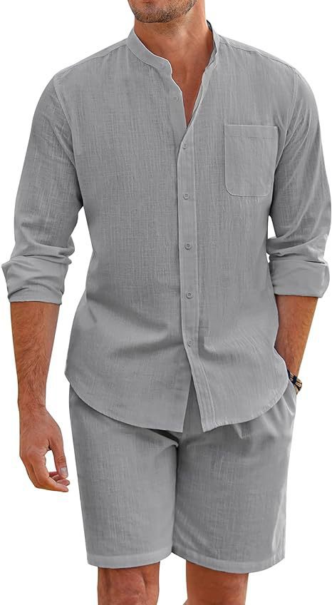 Man wearing a gray button-up shirt and shorts set on a white background