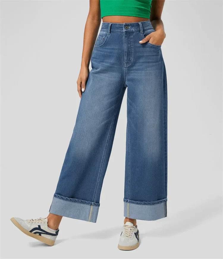 High-Waisted Straight Jeans with Cuffed Hem - ZA-Zola