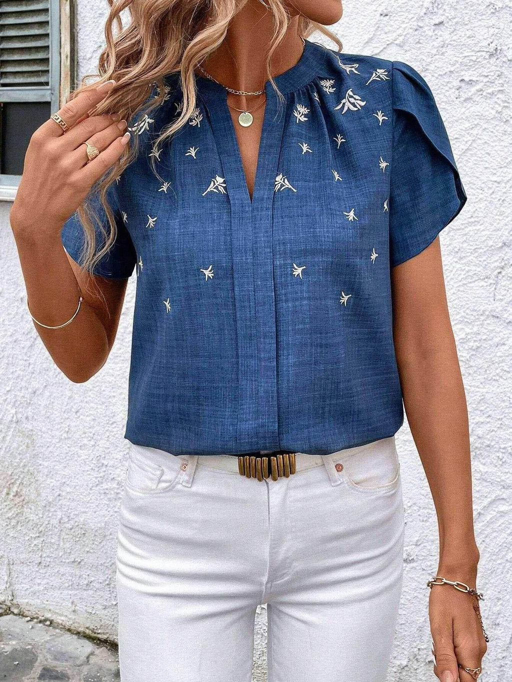 Half-Open Collar Printed Short Sleeve Blouse - ZA-Zola
