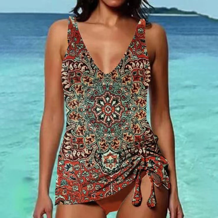 Woman wearing a patterned dress with a beach background