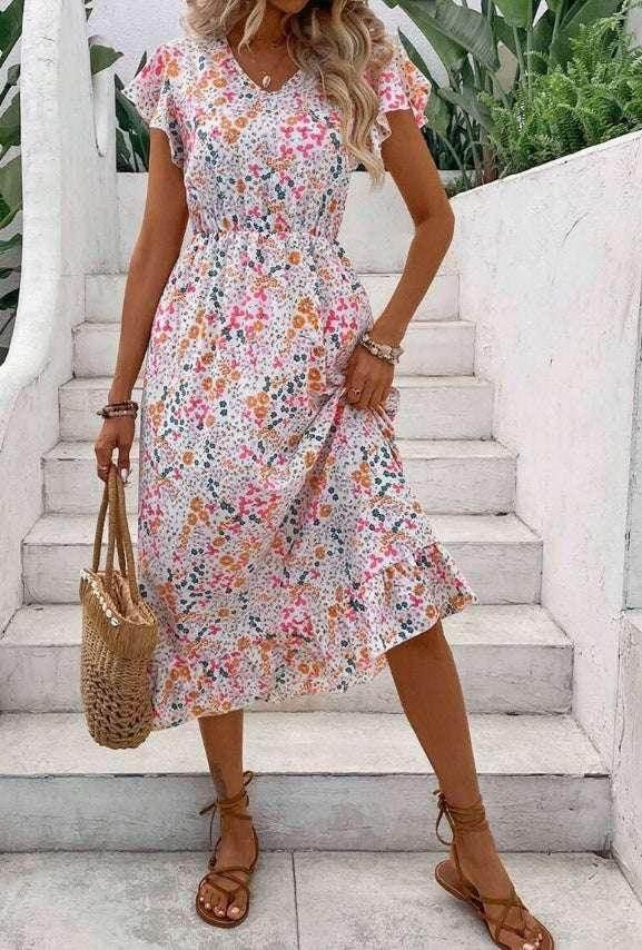 Floral V-Neck Dress – Printed Summer Elegance - ZA-Zola