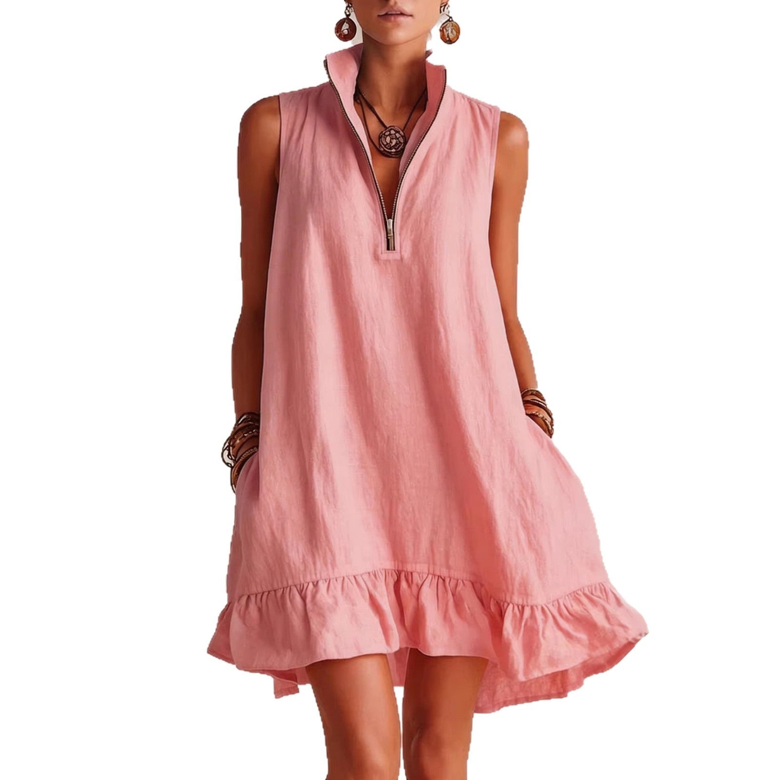 Pink sleeveless dress with ruffled hem on a white background