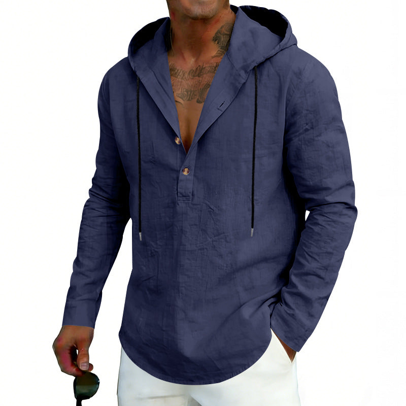 Man wearing a navy blue hooded jacket on a white background
