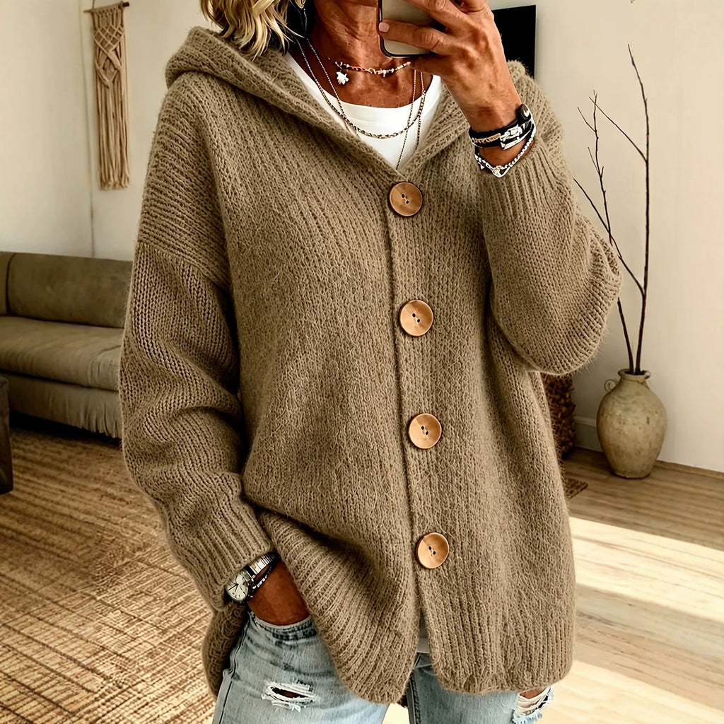 Hooded Cardigan Sweater Jacket With Four Buttons