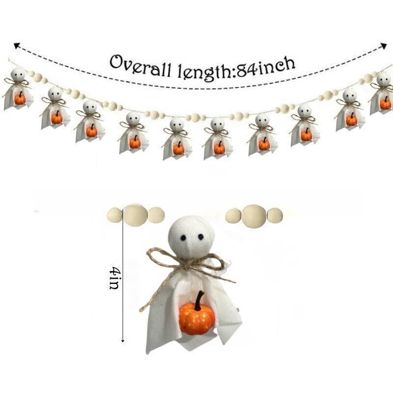 Halloween garland decoration set featuring small white ghost figures with orange pumpkins, shown with dimension annotations indicating an overall length of 84 inches and a height of 4 inches.